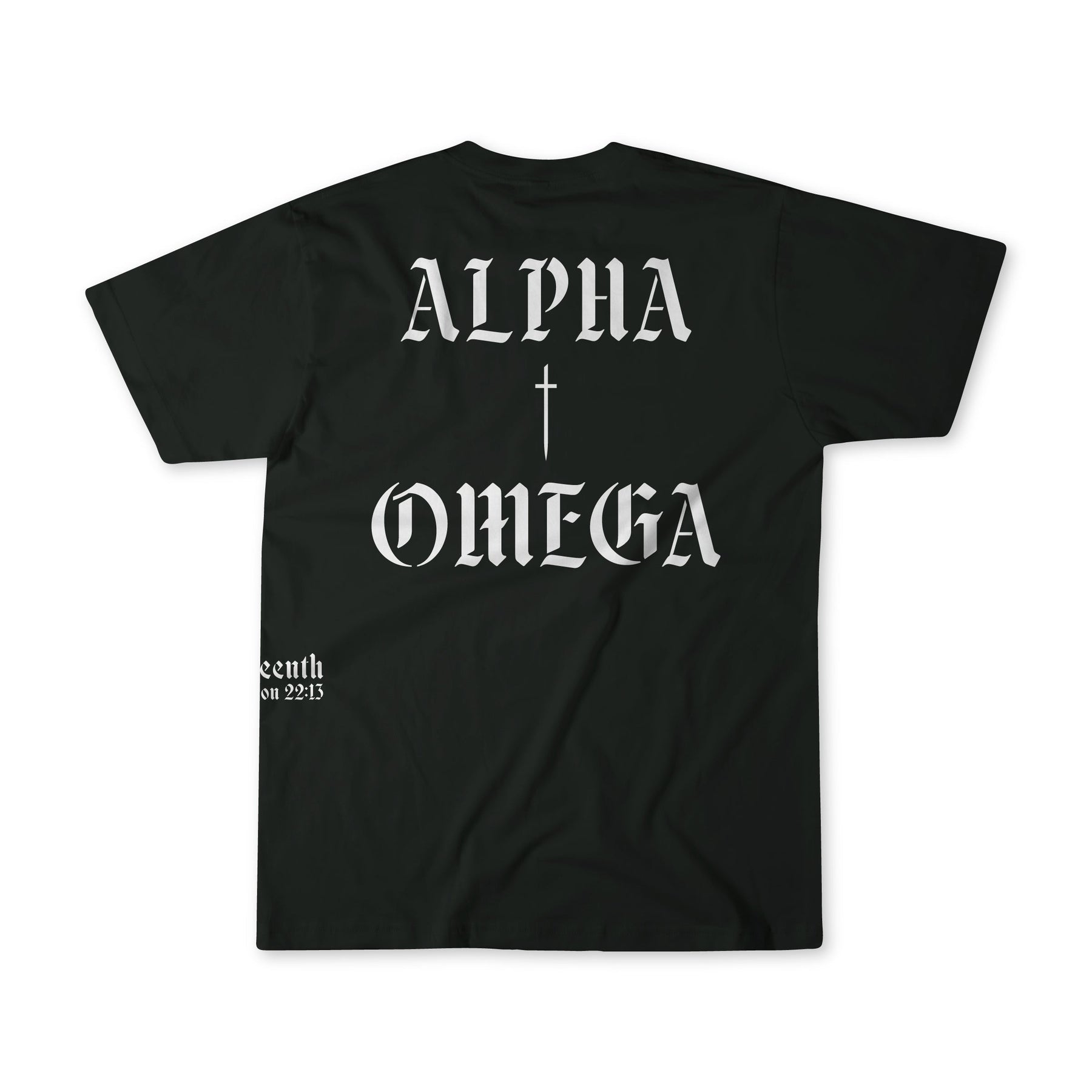 The 13th Alpha Omega Premium Tee in black features white gothic “ALPHA” above a cross and “OMEGA” below on the back, plus small white text by the lower hem.