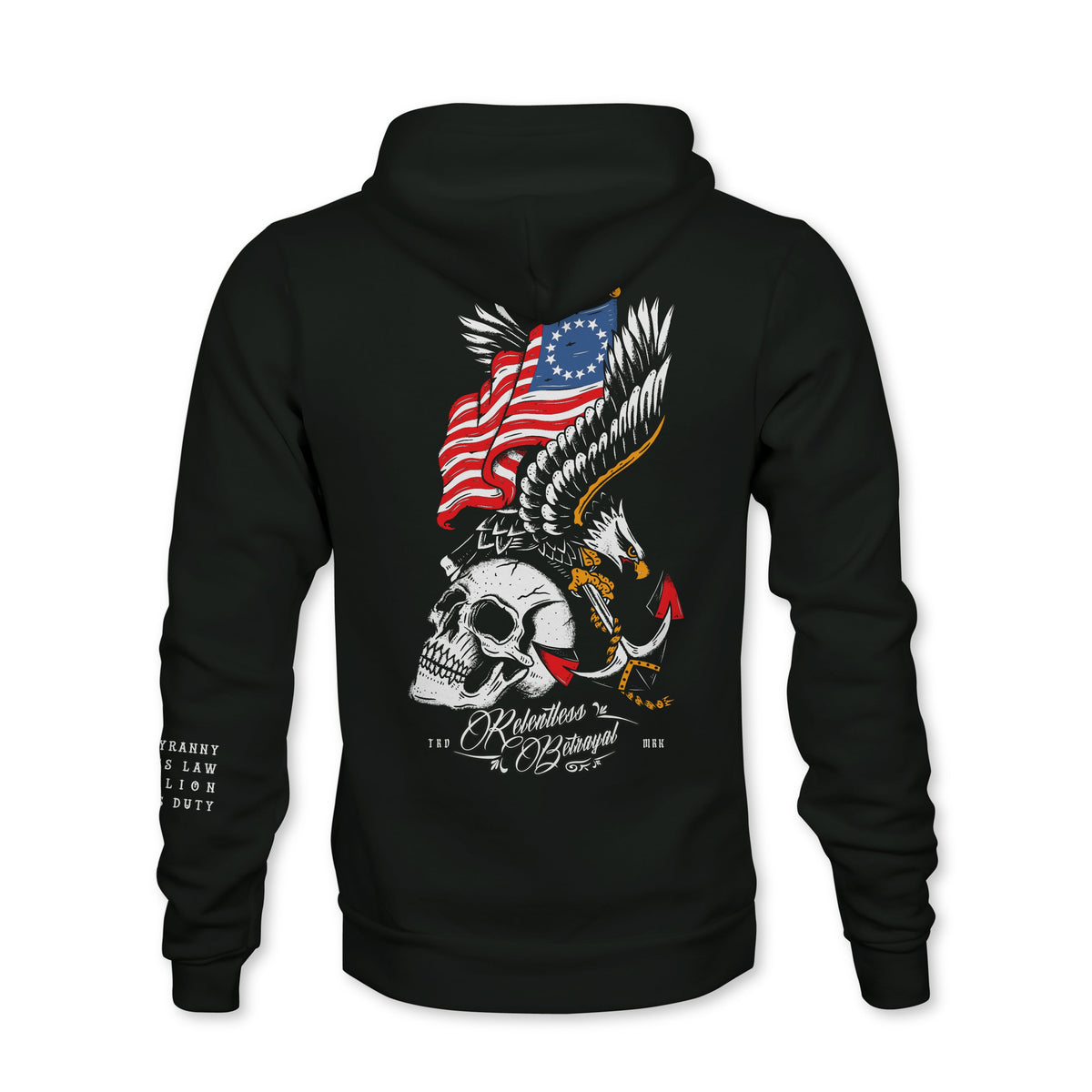 The Rebellion Premium Hoodie by Relentless Betrayal is a black hoodie with a large back graphic of a skull with wings, crossed anchors, and two American flags, plus additional text and details on the back and one sleeve.