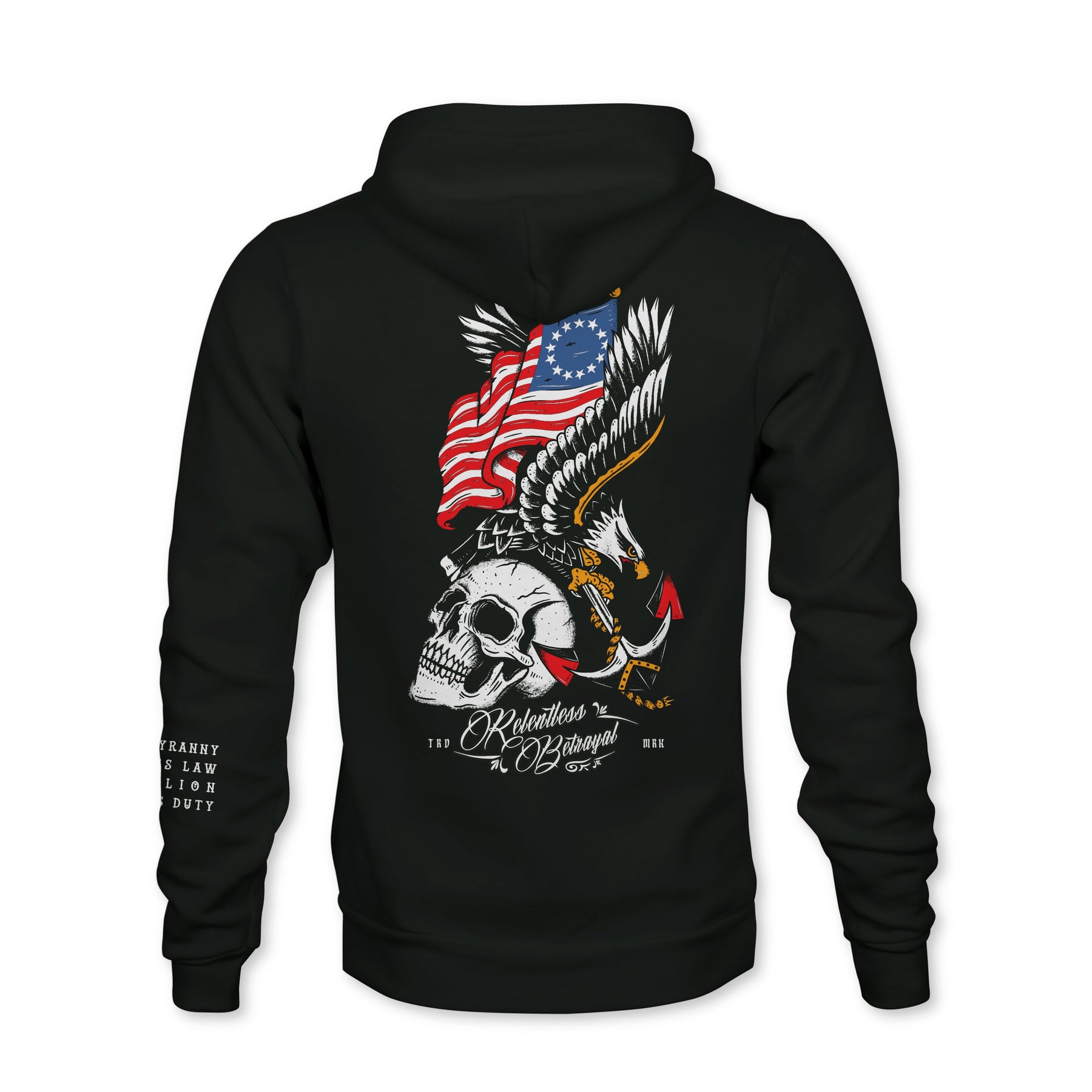 The Rebellion Premium Hoodie by Relentless Betrayal is a black hoodie with a large back graphic of a skull with wings, crossed anchors, and two American flags, plus additional text and details on the back and one sleeve.
