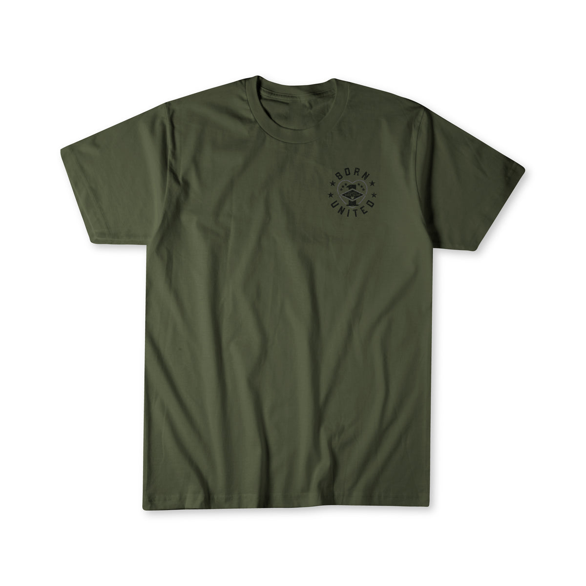 The Born United Private Label Operation Warm Heart - Olive Tee is a limited edition shirt featuring a small black “BORN UNITED” graphic on the upper left chest. Proceeds support America’s heroes. Shirt shown laid flat on a white background.