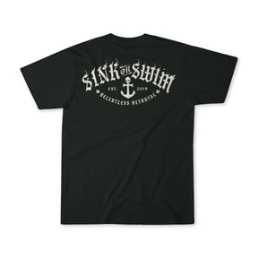 The Dark Waters SOS T-Shirt by Relentless Betrayal is a unisex fine jersey cotton tee with bold white SINK OR SWIM text, skull and anchor graphic, and EST. 2019 above RELENTLESS BETRAYAL in a curved back design.