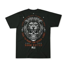 The Waking Lions T-shirt from Born United Private Label showcases a roaring lion with a skull, surrounded by the phrases Theres No Time Left to Wake the Sheep and Time to Wake the Other Lions, with Born United and a small flag below.