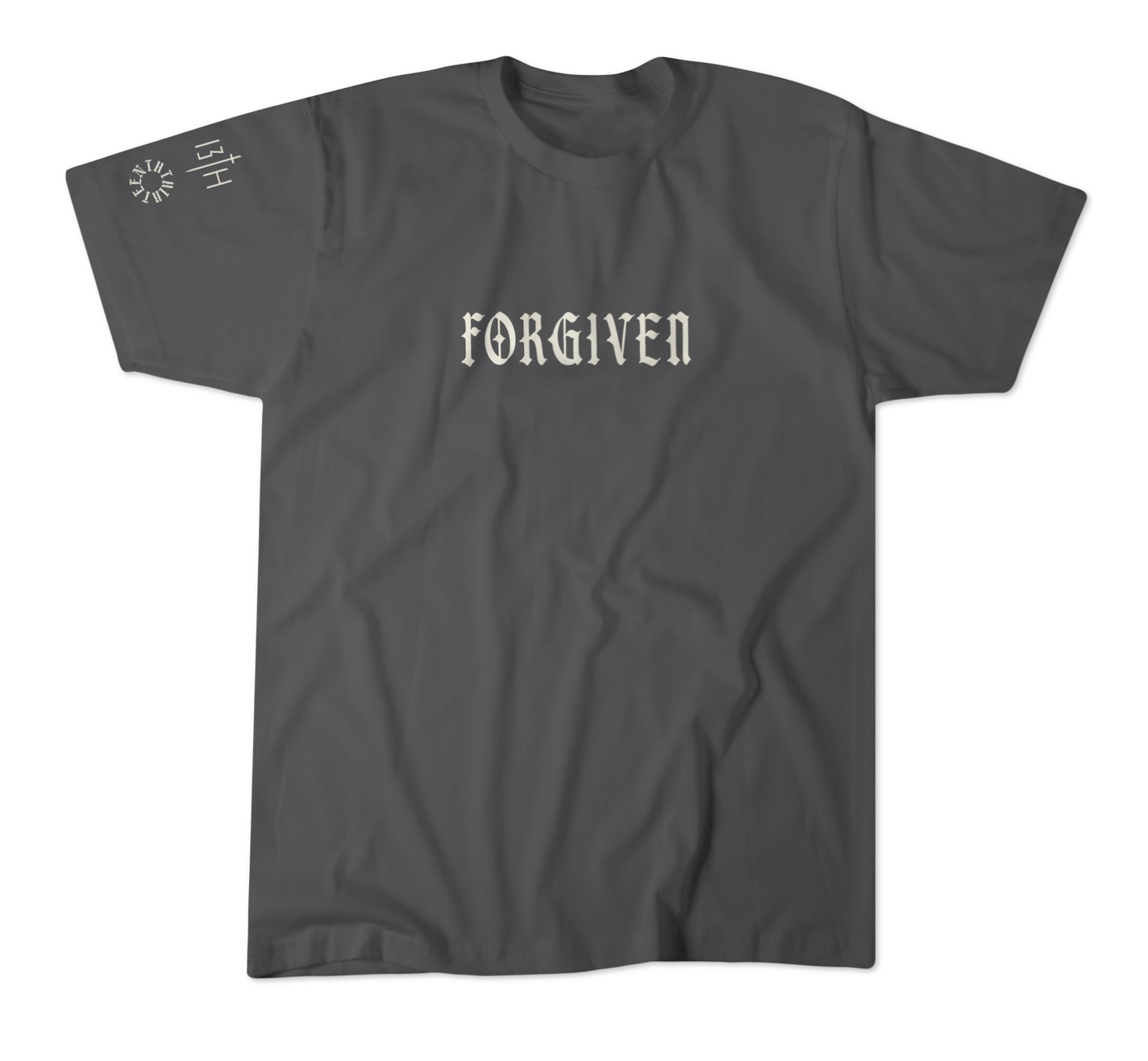 The 13th Forgiven Premium Tee is a dark gray shirt with "FORGIVEN" in white Gothic letters on the chest and a small white graphic on the left sleeve, highlighting that anyone—liar or addict—can be forgiven.