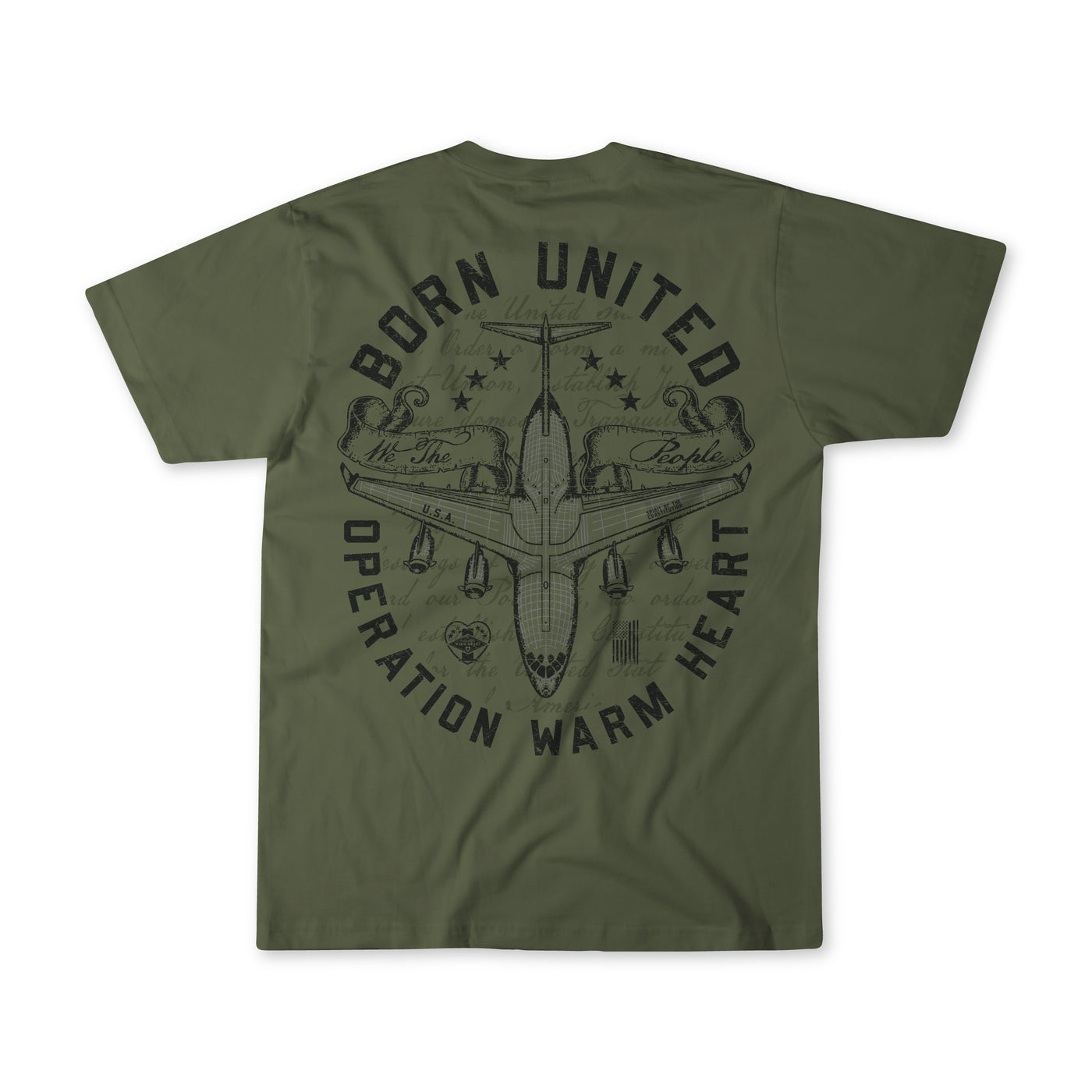 Olive green Operation Warm Heart t-shirt by Born United Private Label features a black military aircraft and birds graphic on the back, with Born United and We the People text across banners on the wings.