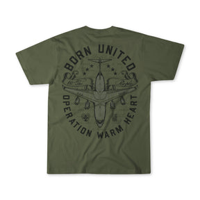 Olive green Operation Warm Heart t-shirt by Born United Private Label features a black military aircraft and birds graphic on the back, with Born United and We the People text across banners on the wings.