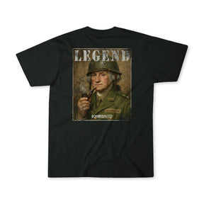 The Legend - Washington tee by Born United Private Label showcases an illustrated George Washington in military attire, pipe in hand, with "LEGEND" above and "BORN UNITED" below—a bold tribute to American heritage.
