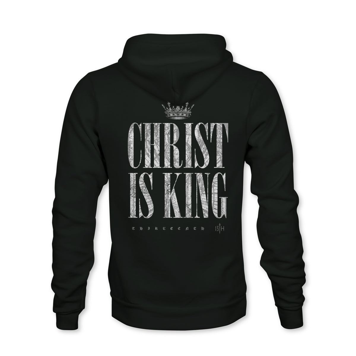 The Christ is King Premium Hoodie by 13th features a bold CHRIST IS KING print with a crown and scripture on the back—ideal Christian apparel for those seeking standout religious clothing.
