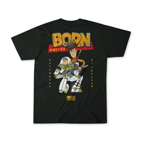 Black Youth Toy Story T-shirt by Born United Private Label features animated characters: a cowboy in a brown hat and a space ranger, both holding an American flag. The text reads, BORN UNITED DEFENDERS OF FREEDOM.