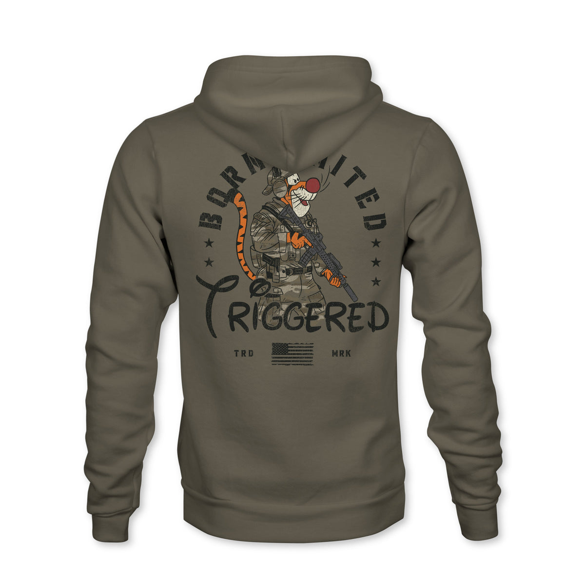 The Triggered Hoodie (Spektrum) by Born United Private Label is a khaki hoodie with a back graphic of a cartoon tiger in military gear holding a rifle, “Born United” above, “Triggered” below, and a stylized American flag.