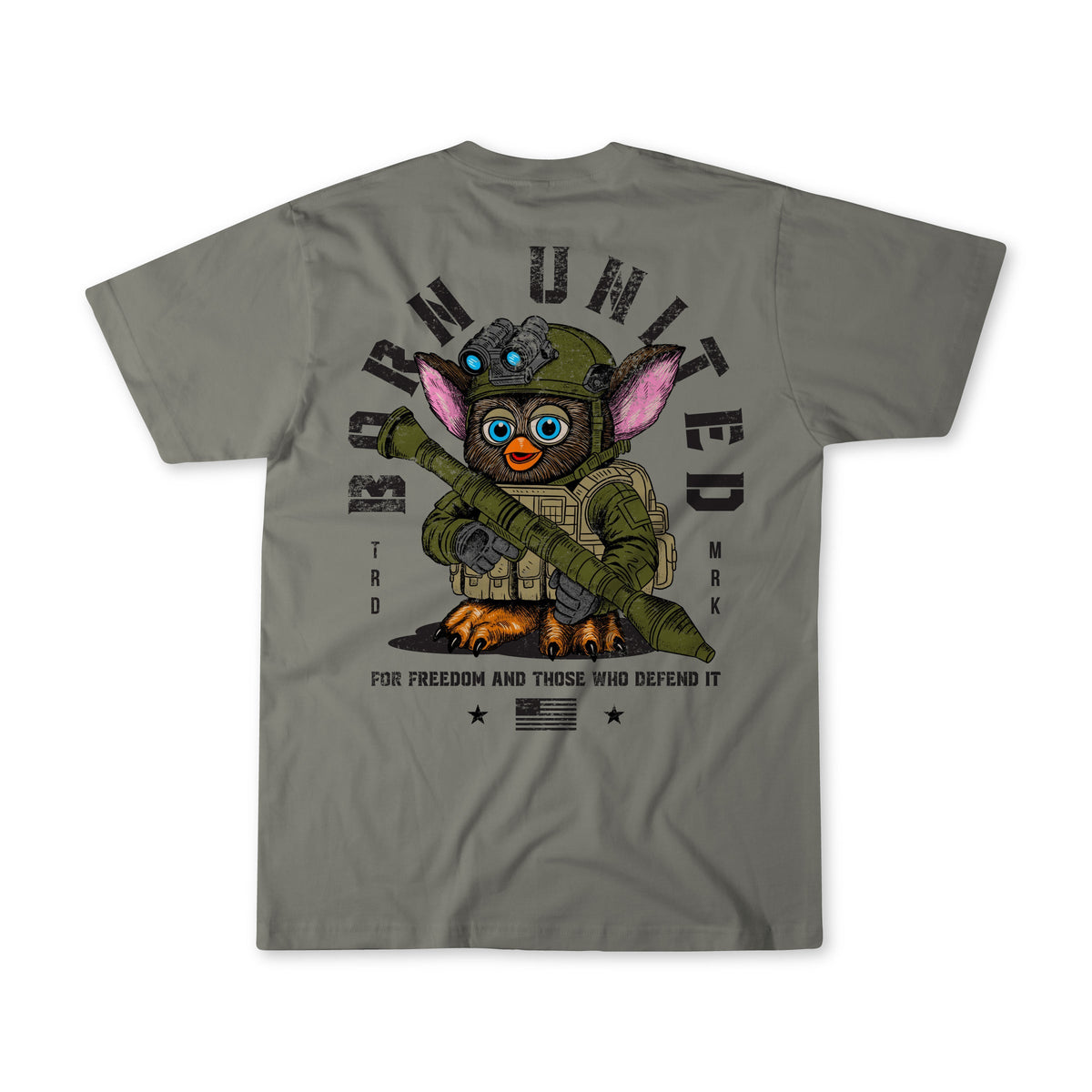 A gray Furbinator T-shirt by Born United Private Label shows a Tactical Furby in military gear holding a rifle, with Born United above and For freedom and those who defend it below.