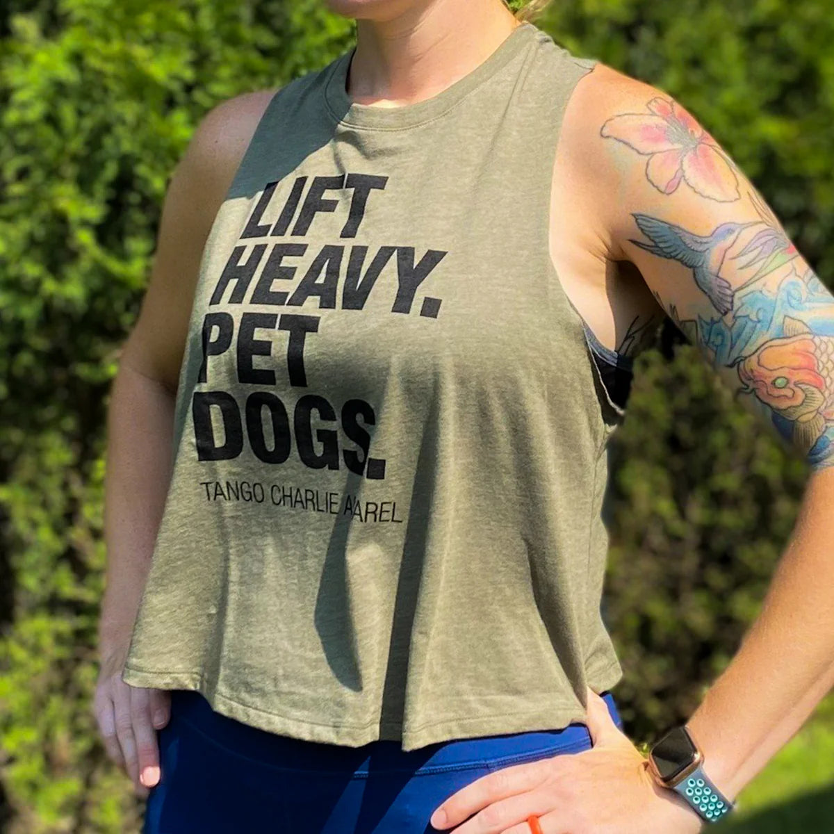 Lift Heavy. Pet Dogs.- Women's Racerback Crop Tank