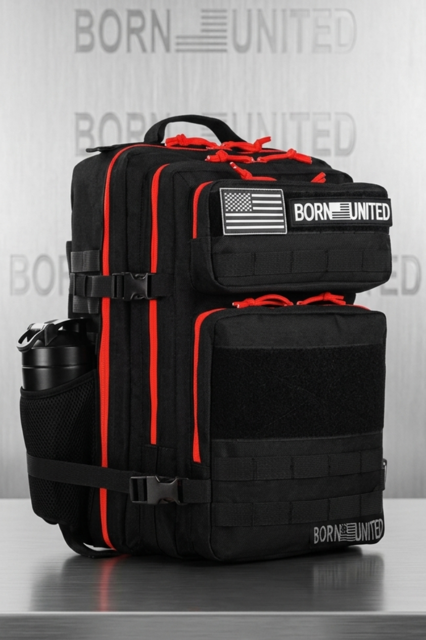 Black and red backpack with 'Born United' branding on a metallic surface.