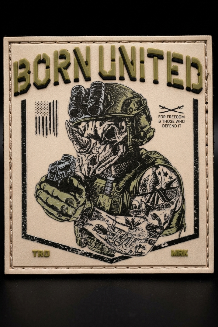 Patch with a soldier design and 'Born United' text on a dark background