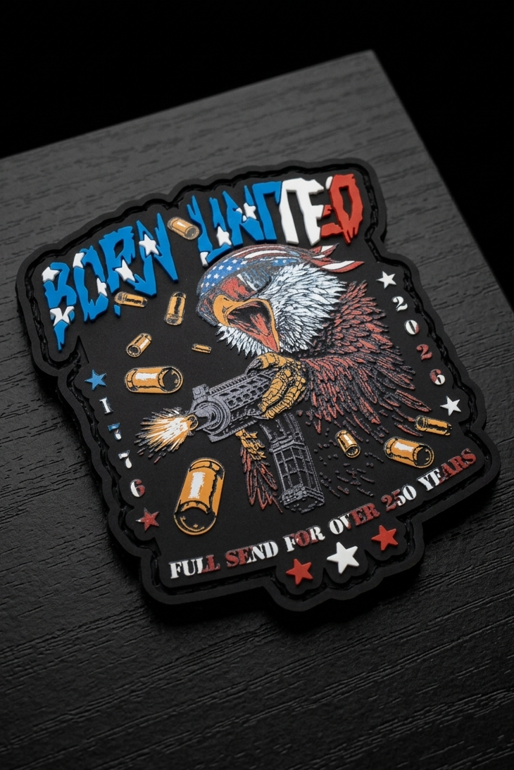 A fierce eagle clutching a machine gun, with bullets flying and the text “BORN UNITED,” “1776-2023,” and “FULL SEND FOR OVER 250 YEARS” in patriotic colors—an iconic patch from Born United Patriot Box by Born United Private Label.