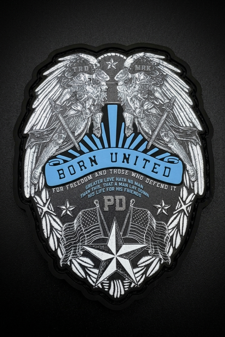 Emblem with wings, flags, and text 'Born United' on a dark background