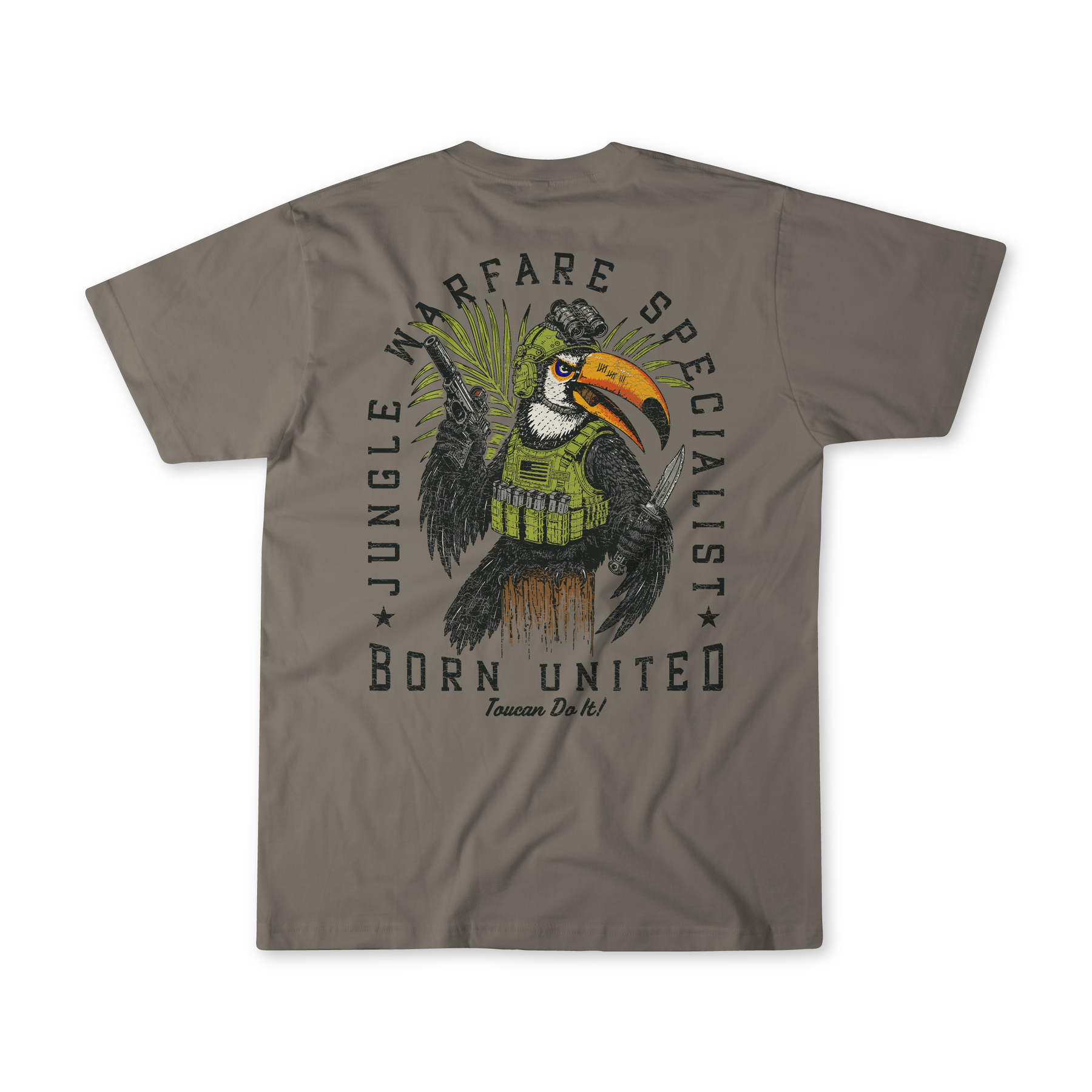 Introducing the “Toucan Do It” t-shirt from Born United Private Label—a khaki shirt featuring an illustrated toucan dressed in military gear on the back, highlighted by bold “Jungle Warfare Specialist Born United Toucans Do It!” text. Perfect for anyone with a wild streak and a specialist’s mindset.