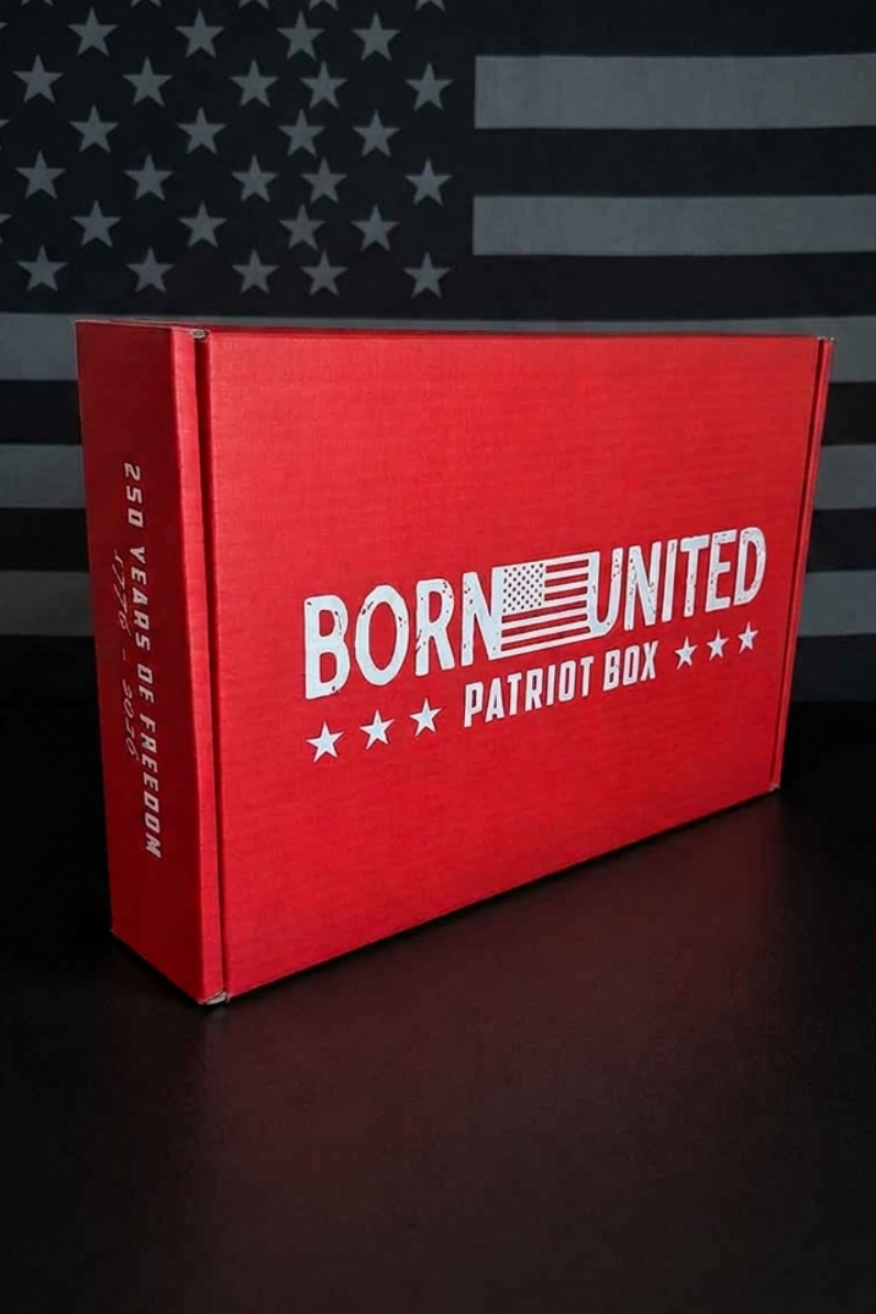 A red Patriot Box by Born United Private Label with an American flag design stands against a grayscale flag. The side reads 250 YEARS OF FREEDOM, celebrating America’s 250th Birthday with Limited Edition Tees.