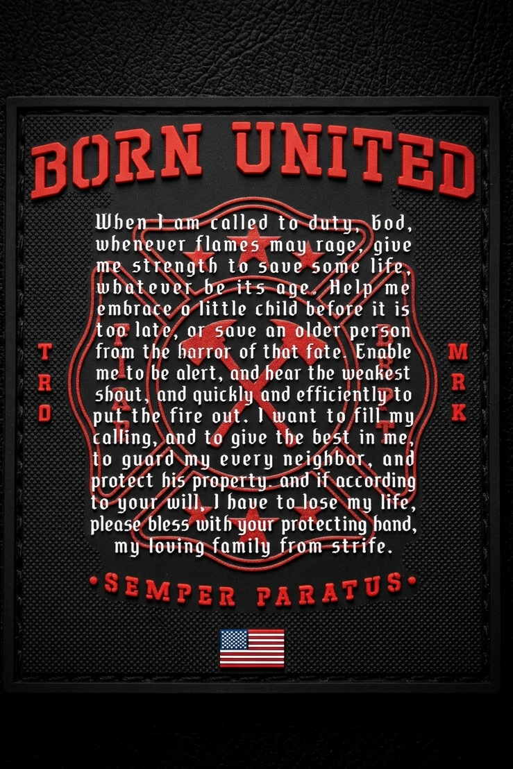 Decorative patch with 'Born United' text and American flag on a black background