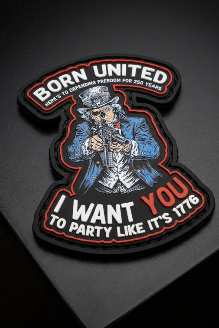 Show your pride with our Born United Patriot patch—Uncle Sam holding a rifle, "Born United" text. Celebrate 250 years of freedom! Find it in the Born United Patriot Box by Born United Private Label or pair with Limited Edition Tees.