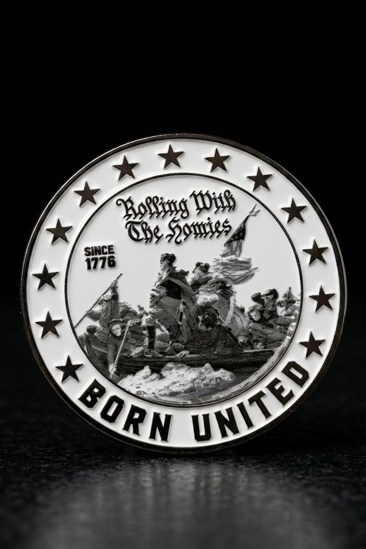 A round challenge coin by Born United Private Label, featuring George Washington crossing the Delaware and stars. Text: “Rolling With The Homies,” “Since 1776,” “Born United.” A must-have from the Born United Patriot Box for true patriots.
