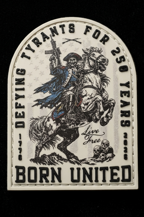 Vintage-style patch with a skeleton rider on a horse, text 'Defying Tyrants for 250 Years Born United', on a black background.