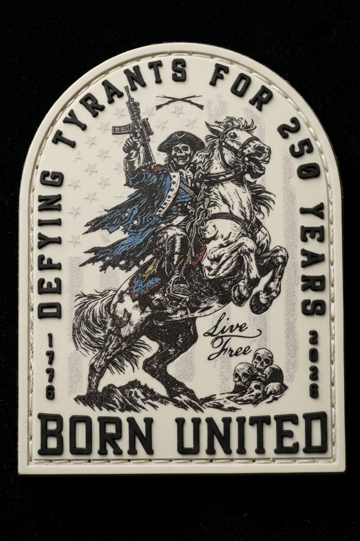 Vintage-style patch with a skeleton rider on a horse, text 'Defying Tyrants for 250 Years Born United', on a black background.