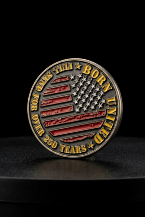 The Born United Patriot Box by Born United Private Label features a gold, red, and black challenge coin with a stylized American flag and “BORN UNITED, FOR OVER 250 YEARS, TILL THE END”—a striking collectible against a dark background.