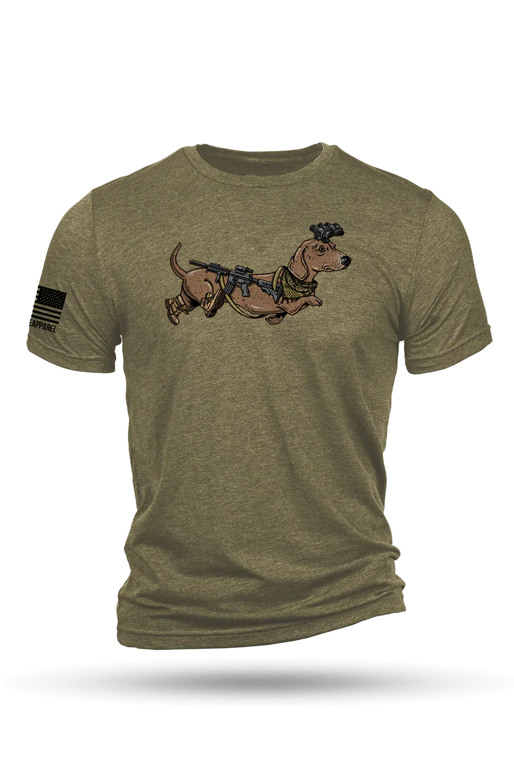 The Nine Line Apparel Tactical Weiner T-Shirt in olive green features a cartoon tactical dachshund with gear on the chest and “Hound with the rounds” plus an American flag patch design on the right sleeve.