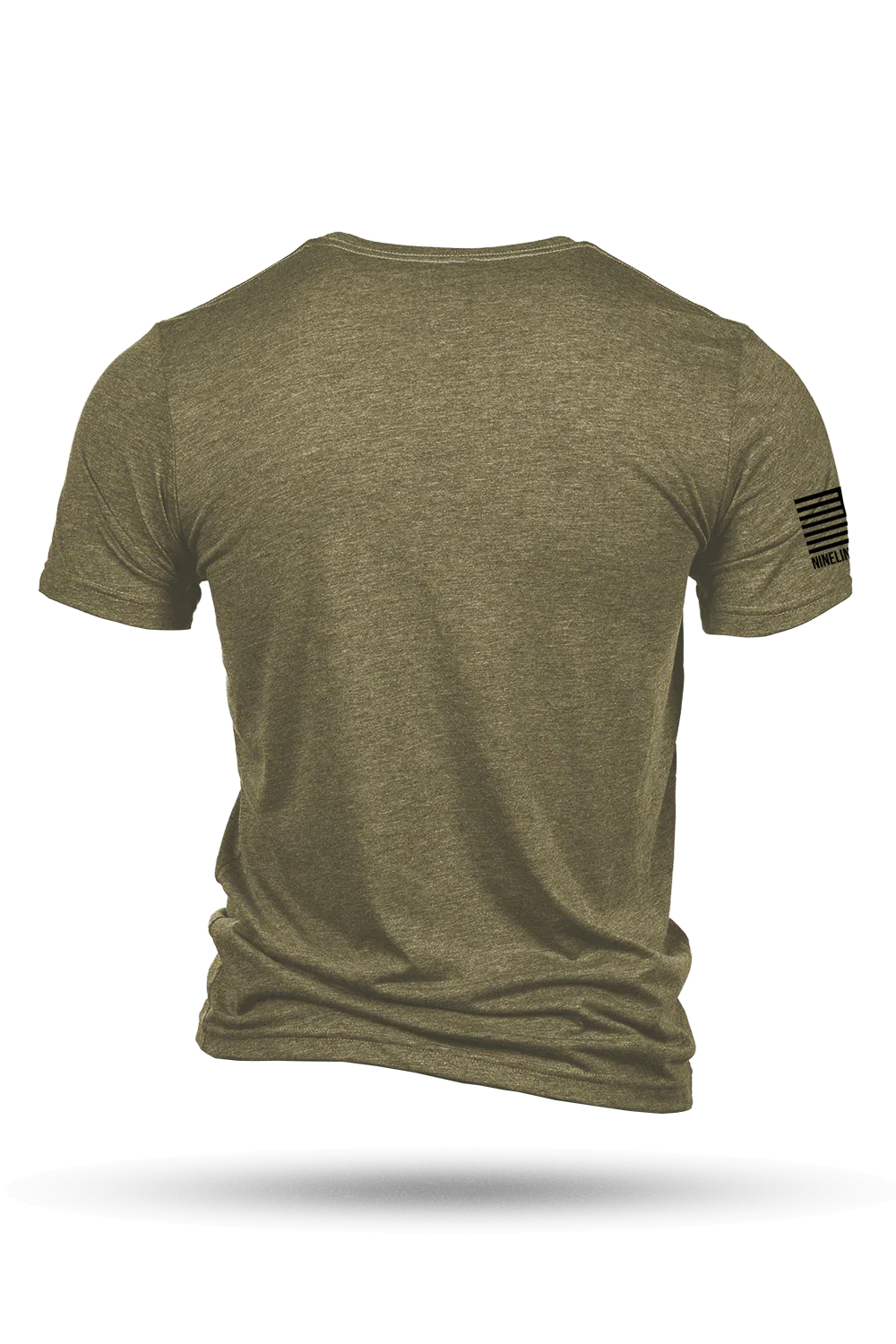The Tactical Weiner T-Shirt by Nine Line Apparel is an olive green short-sleeve tee shown from the back, with a subtle black American flag graphic and "Hound With The Rounds" on the right sleeve, inspired by tactical dachshunds. Displayed on white background.