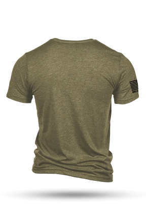 The Tactical Weiner T-Shirt by Nine Line Apparel is an olive green short-sleeve tee shown from the back, with a subtle black American flag graphic and "Hound With The Rounds" on the right sleeve, inspired by tactical dachshunds. Displayed on white background.