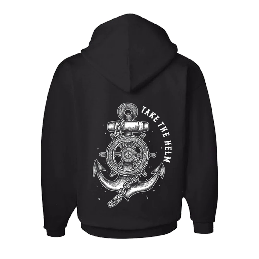 The Relentless Betrayal Take The Helm Black Hoodie is a unisex hoodie with a bold white anchor and ship’s wheel graphic on the back and “TAKE THE HELM” text, perfect inspirational wear for aspiring leaders.