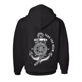 The Relentless Betrayal Take The Helm Black Hoodie is a unisex hoodie with a bold white anchor and ship’s wheel graphic on the back and “TAKE THE HELM” text, perfect inspirational wear for aspiring leaders.