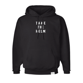 The Relentless Betrayal Take The Helm Black Hoodie is a unisex pullover featuring white "TAKE THE HELM" text on the chest, a front pocket, and a small white tag near the hem—ideal inspirational apparel.