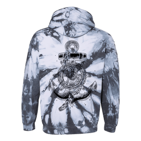 The Relentless Betrayal Youth Take the Helm Tie Dye Hoodie features a black-and-white tie-dye design and a large anchor with ship wheel and water splash graphic on the back.
