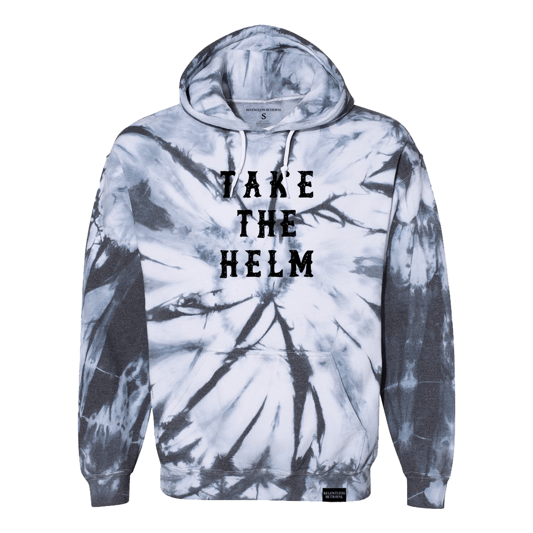 The Relentless Betrayal Youth Take the Helm Tie Dye Hoodie features black, white, and gray shades with "TAKE THE HELM" boldly printed on the front.