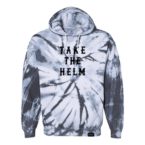 The Relentless Betrayal Youth Take the Helm Tie Dye Hoodie features black, white, and gray shades with "TAKE THE HELM" boldly printed on the front.