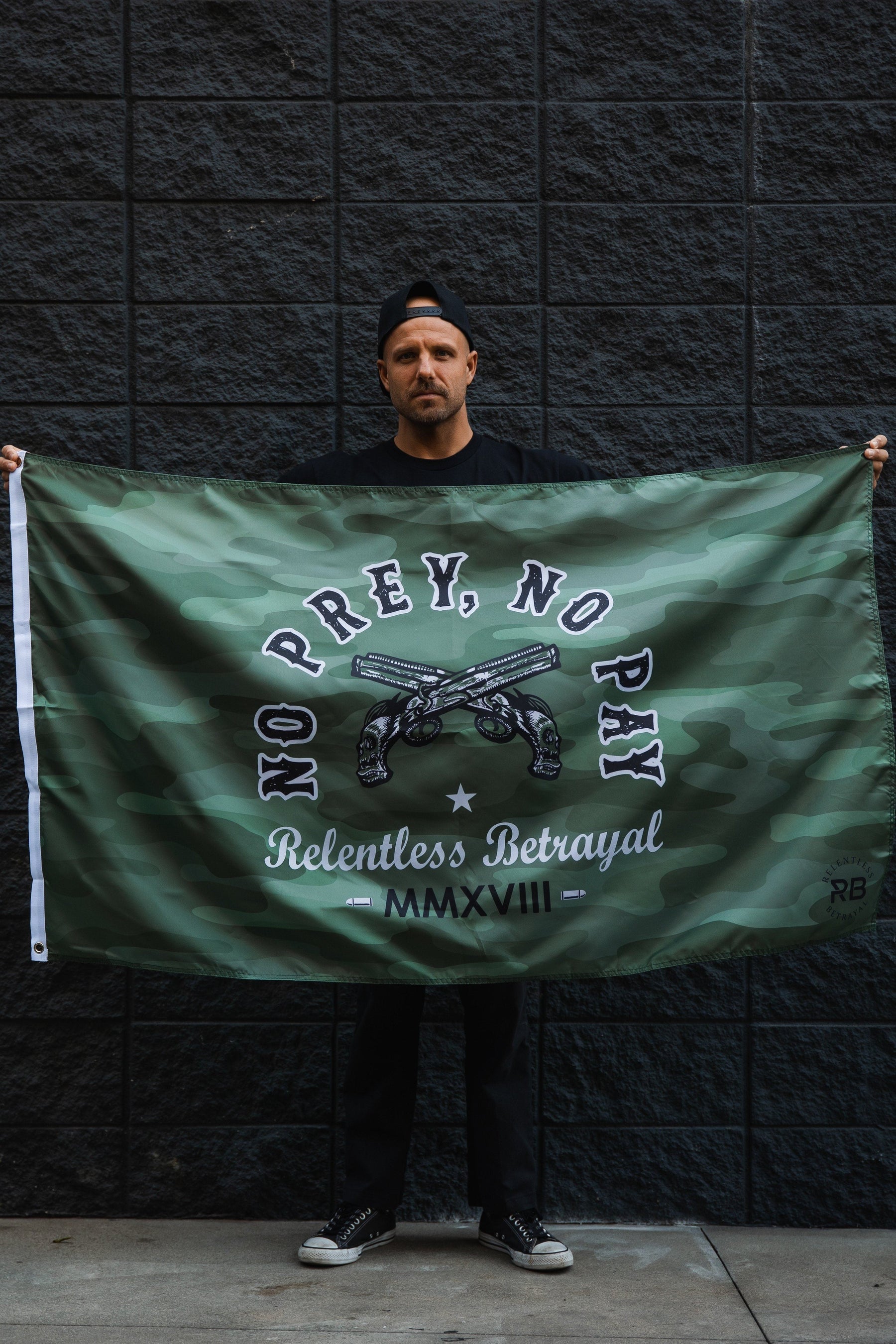 relentless betrayal - no prey, no pay camouflage banner