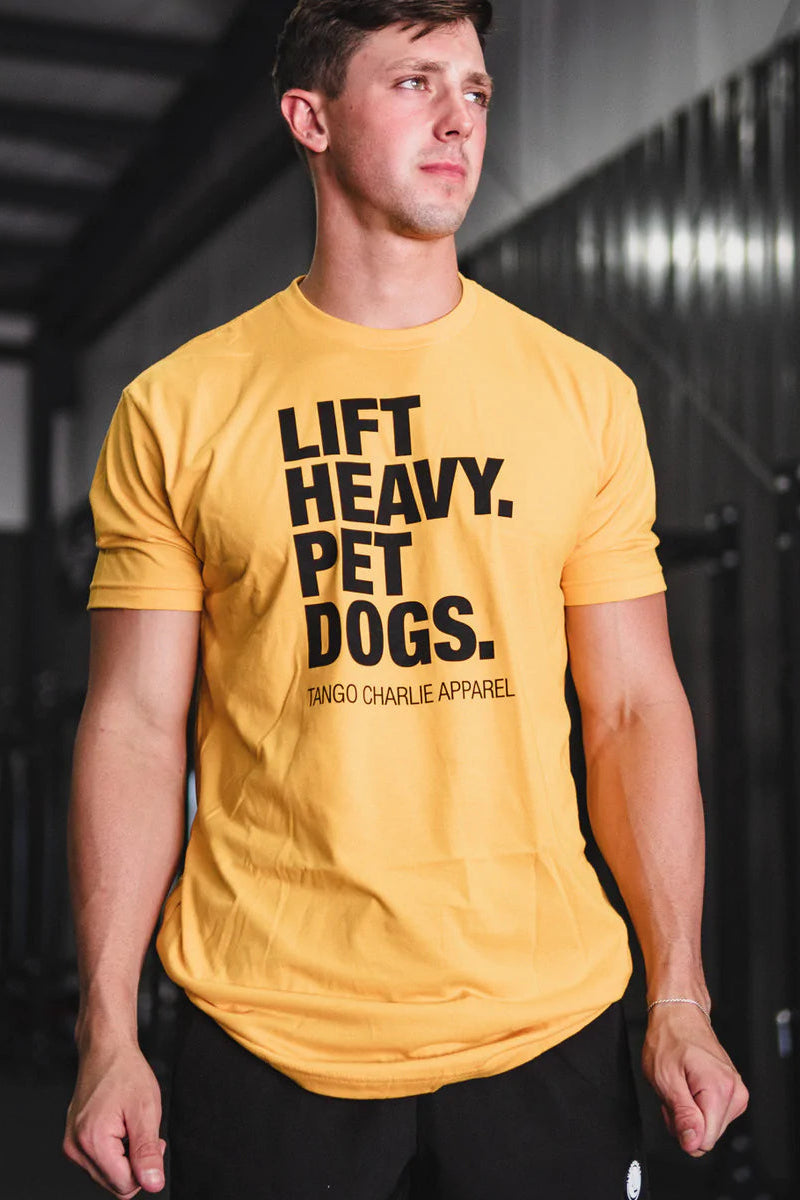 tango charlie - lift heavy pet dogs gold t-shirt