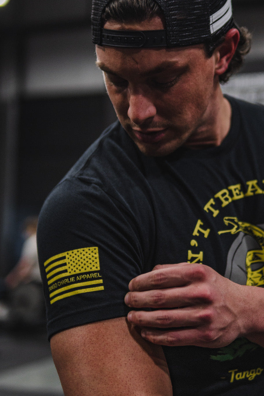 tango charlie - don't tread on me tee shirt on male model