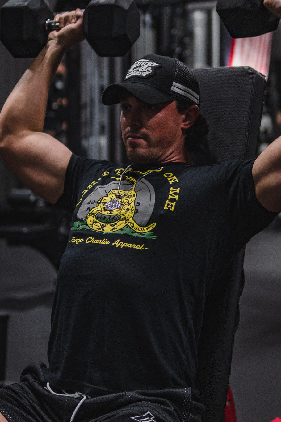 tango charlie - gadsden flag tee shirt on male model