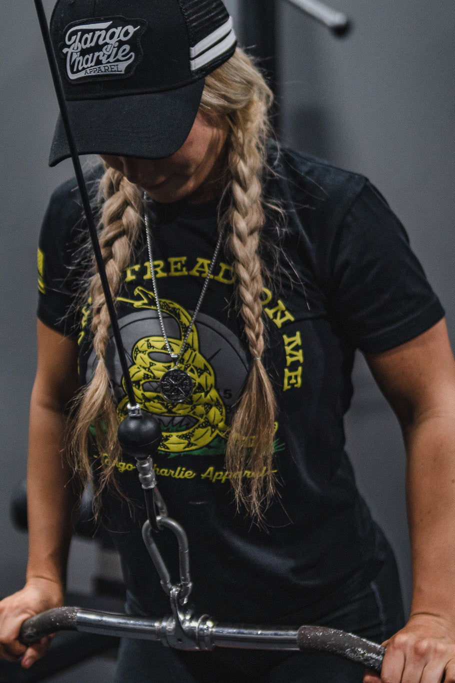 tango charlie - don't tread on me tee on female model