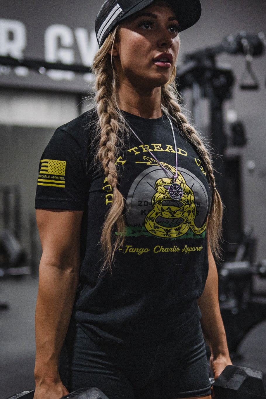 tango charlie - don't tread on me tee shirt on female model