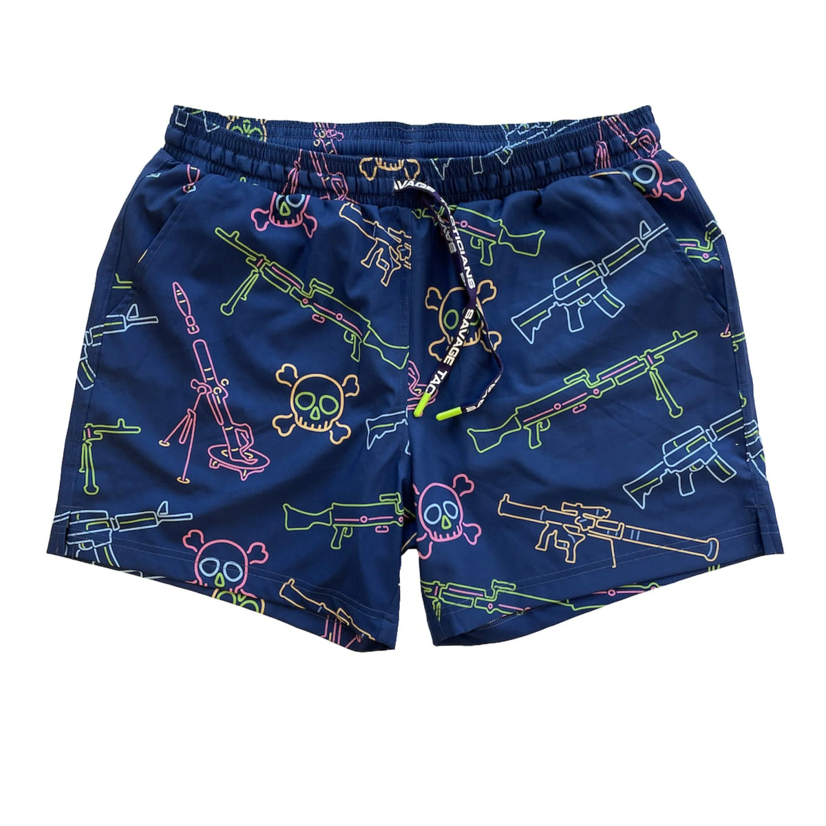 savage tacticians - neon lights & gun fights swim trunks front